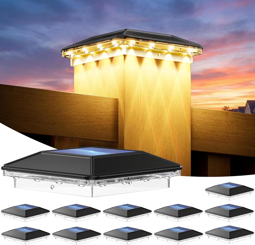 12 Pack 4x4 Solar Post Cap Lights Outdoor, 3 Modes 16 LED Fence Post Solar Lights, Focused Lens Deck Fence Post Lights Solar Powered Waterproof Fits 4x4 3.5x3.5 Vinyl Wooden Posts for Deck Porch