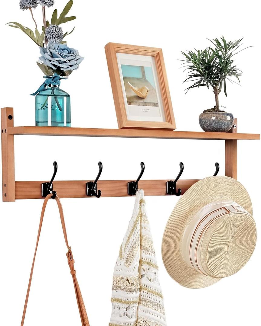 Coat Rack Wall Mount with Shelf, 26IN Wooden Coat Hanger Hooks Wall Mount with 5 Metal Hooks, Hanging Shelf with Hooks, Wood