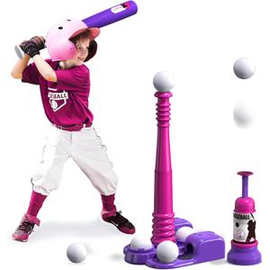 QDRAGON 2 in 1 T Ball Sets for Kids 3-5 5-8, Tee Ball Set with Automatic Pitching Machine/Adjustable Batting Bat & Stand/6 Balls, Baseball Toys Outdoor Sport for Toddlers Girls, Pink