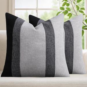 Adabana Modern Pillow Covers 18x18 Set of 2 Farmhouse Decor Patchwork Linen Cushion Covers for Living Room Couch Bed Black and Grey