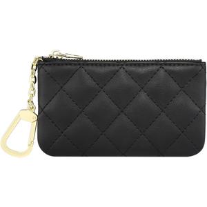 Premium Genuine Full Grain Leather Mini Coin Purse Keychain Pouch Card Holder for Men Women (Black Quilted - LG)
