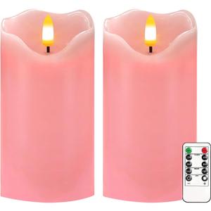 VEEKI Flameless Candles Light, Set of 2 6"x3" Flickering LED Candle with Remote & Timer, Dimmable Electric Pillar Candles Battery Operated, Pink Candles for Valentine's Day Xmas Home Decor (2PC)