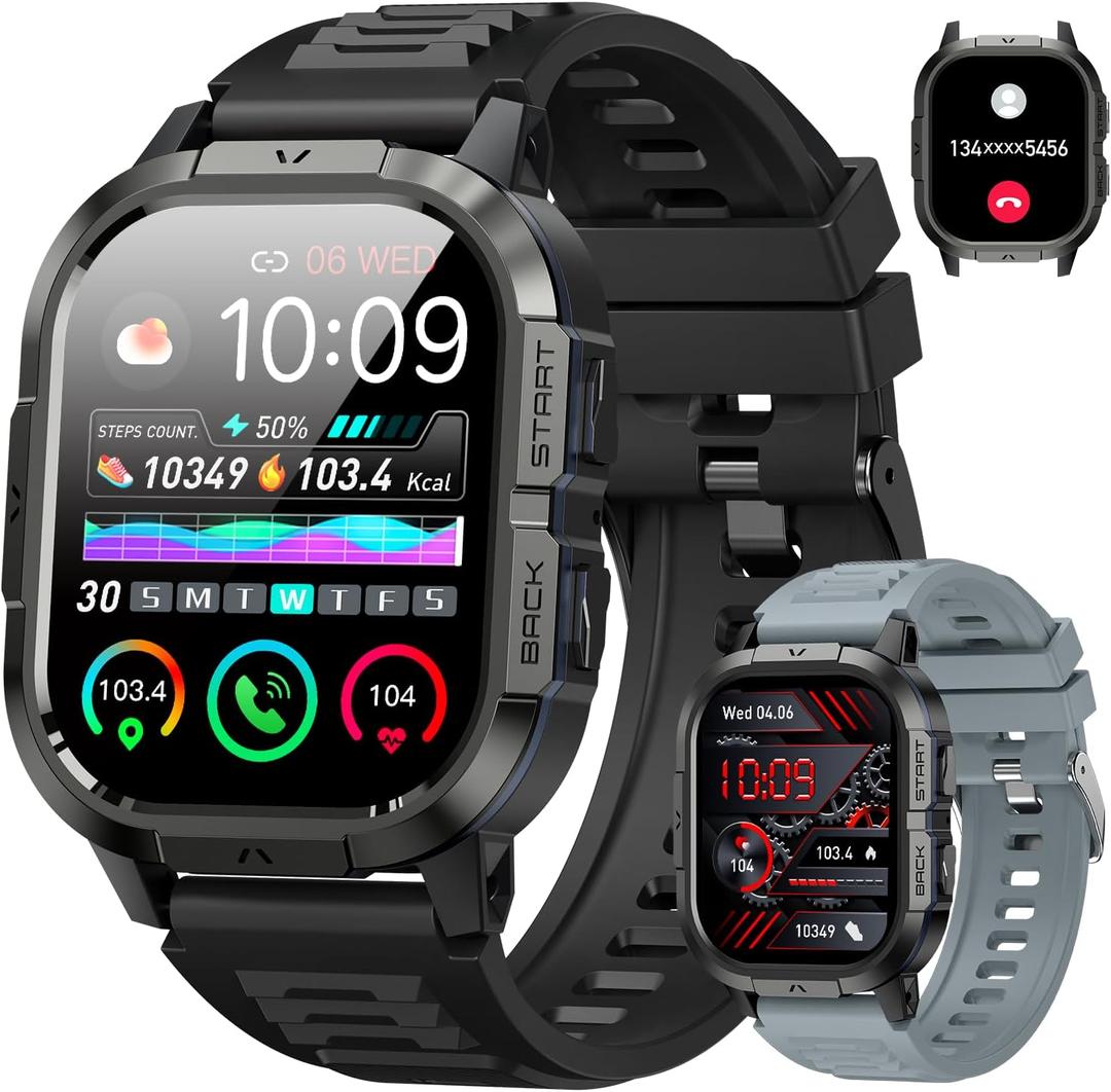 Smart Watch for Men Fitness Tracker: Make/Answer Call Military Smart Watches for Men Digital Watches Heart Rate Monitor Waterproof Running Smartwatch Android Phones iPhone Samsung Compatible 2 Bands (Black)