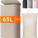 Lifewit Slim Laundry Basket with Lid, Narrow Laundry Hamper with Plastic Handles and Removable Bag, Tall Foldable Dirty Clothes Hampers for Laundry Room, Bedroom, Bathroom, Dorm, 65L Beige