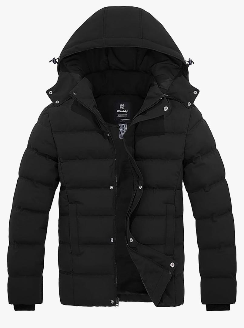 Wantdo Men's Hooded Winter Coat Warm Puffer Jacket Thicken Cotton Coat with Removable Hood,  Black, 3XL