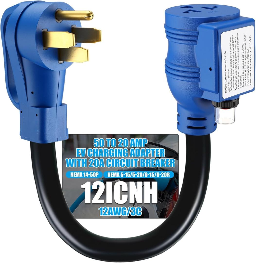Kanayu Overload Protection NEMA 14-50P to 6-20/15R 5-20/15R EV Charge Adapter with 20A Circuit Breaker, 50A 240V EV/RV/Generator Plug to Home Outlet T Blade, NOT 110V, 1FT, ETL Listed