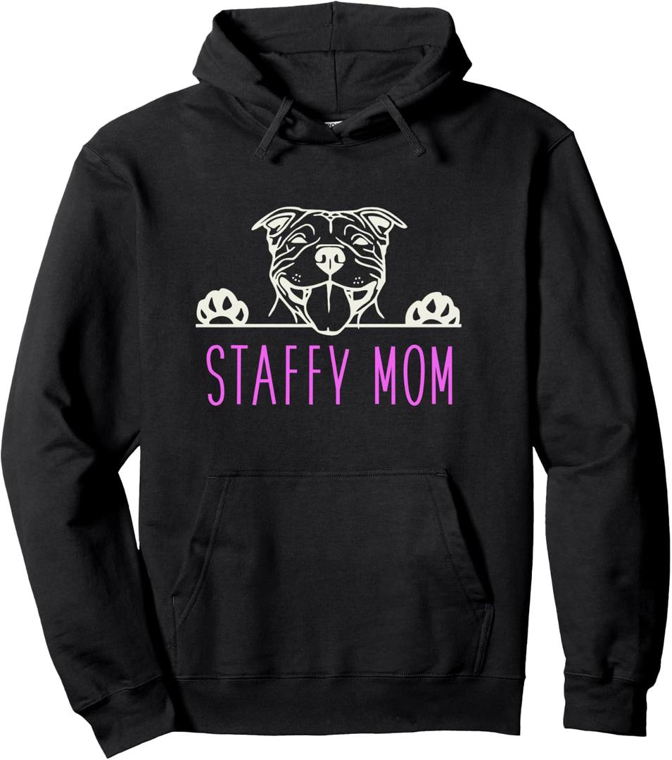 Staffy Mom with Staffordshire Bull Terrier Dog Pullover Hoodie (Black, M)