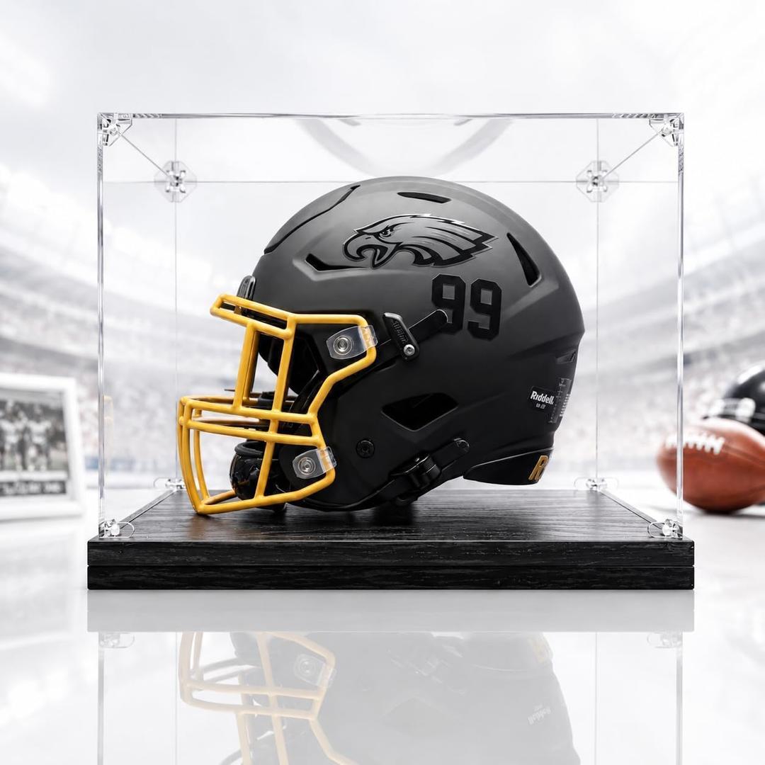 Football Helmet Display Case for Full Size Helmet, Clear Acrylic Helmet Display Case with Black Woodgrain Base & Support Stand, Dust-Proof Sports Memorabilia Display Box for Football Helmet