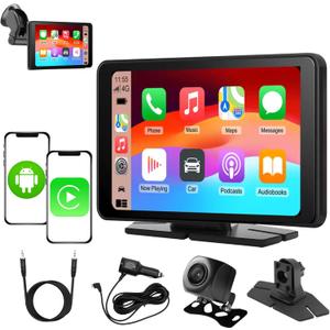 Portable Wireless Carplay Car Screen carplay, 7" Touchscreen for Car with Apple Car Play & Android Auto Backup Camera/Mirror Link/Voice Control/Bluetooth/GPS/AUX/FM All Vehicle