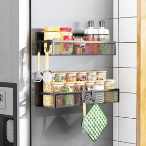 Magnetic Spice Rack for Refrigerator, 2 Pack Magnetic Shelf, Fridge Magnet Organizer with Moveable 4 Hooks, Magnetic Fridge Shelf for Kitchen Organization and Storage (2 Pack)