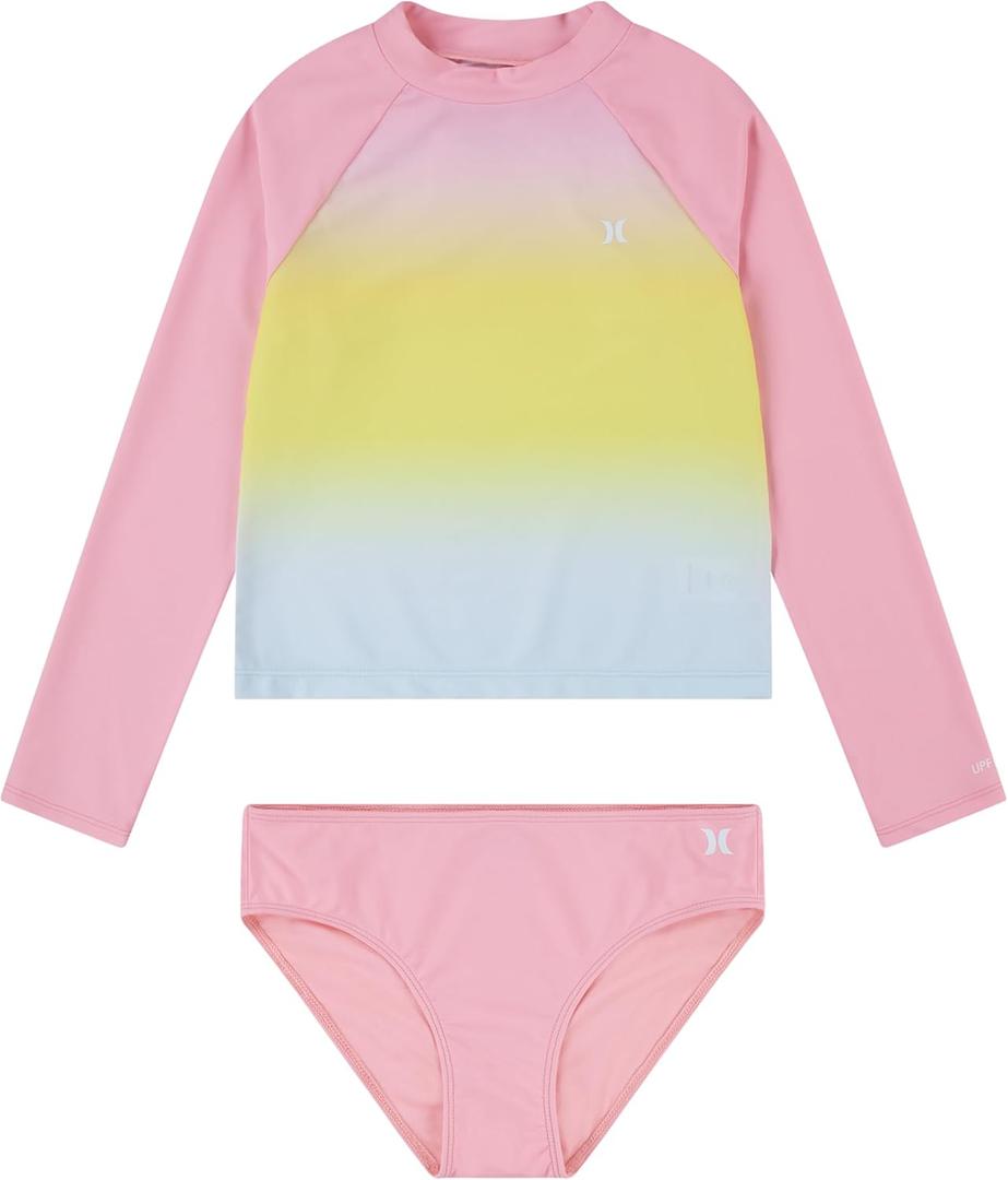 Hurley Girls Long Sleeve Rash Guard 2-Piece Swimsuit (8, Pink Flamingo)