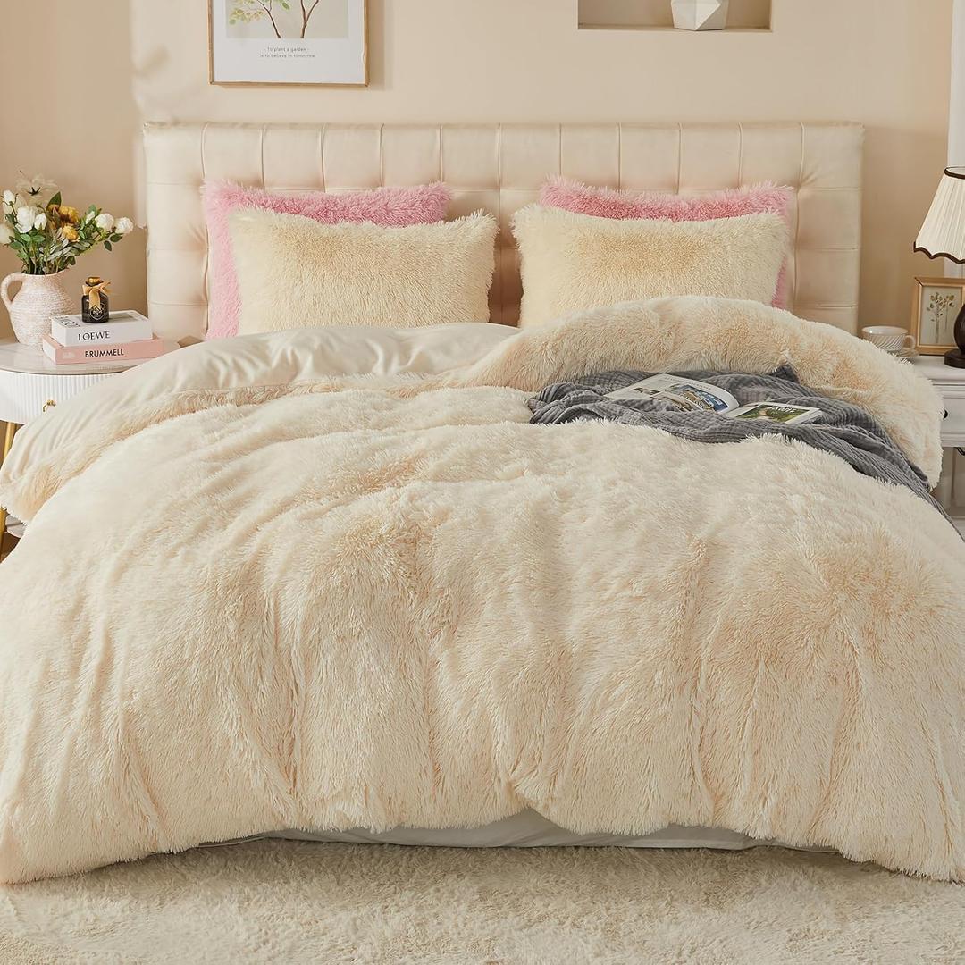 EMME Luxury Fuzzy Duvet Cover Set Twin Size Fluffy Comforter Cover Set for Twin Bed 2 Pieces Shaggy and Plush Soft Bedding Duvet Covers (Cream White, Twin)