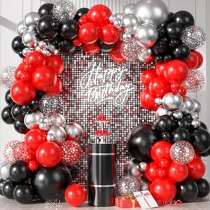 Red and Black Silver Balloon Arch Garland kit, 18/12/10/5 inch Red and Black Metal Silver Latex Balloon Set with Confetti Balloons for Graduation Baby Shower Wedding Birthday Anniversary Bachelorette