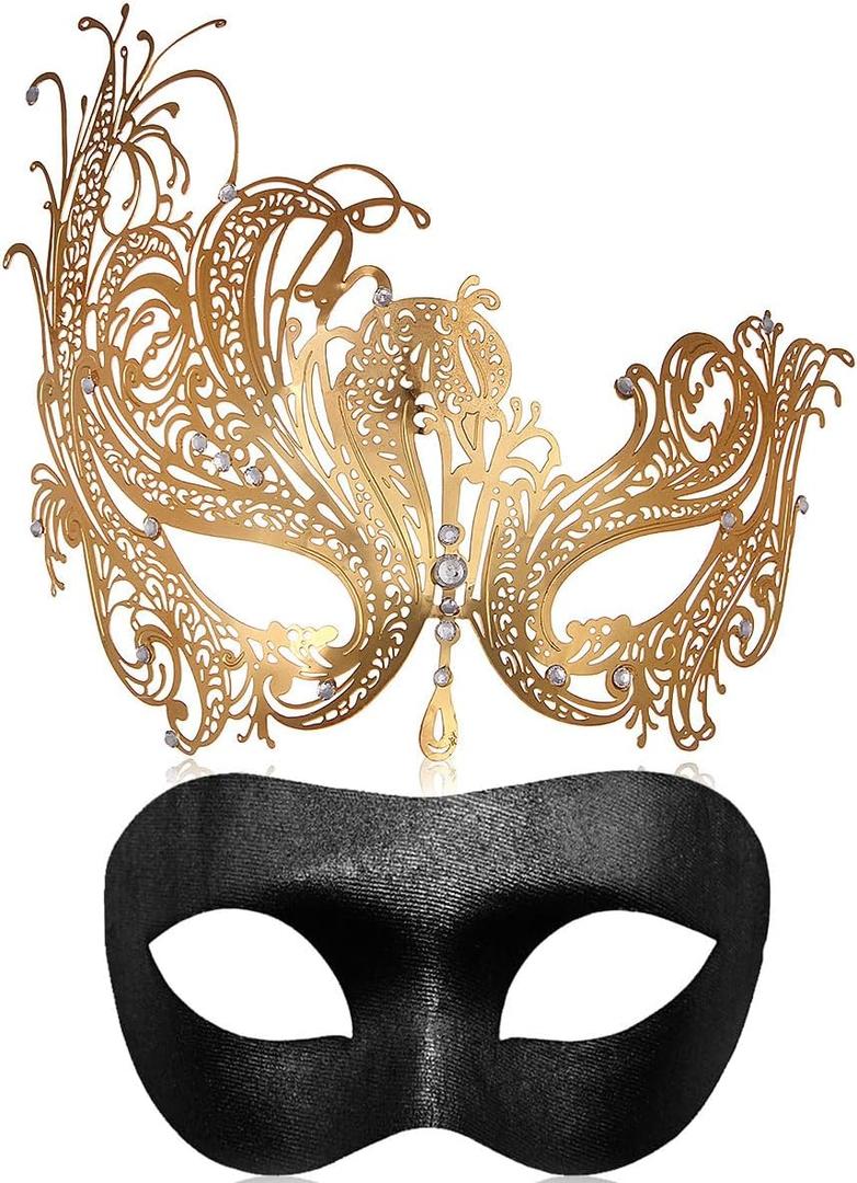 MYMENU Couple Masquerade Mask for Women Men Laser Cut Metal Mask Venetian Mask for Party Ball (Gold Phoenix Set)
