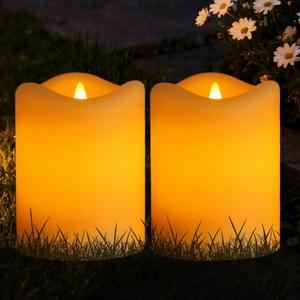 Solar Candles Outdoor Waterproof, 2 Pack 3"x4" Rechargeable Solar Flameless Pillar Candles, Dusk to Dawn Outdoor Lights for Lanterns, Garden, Patio, Porch, Backyard, Warm Amber Glow Memorial Gifts