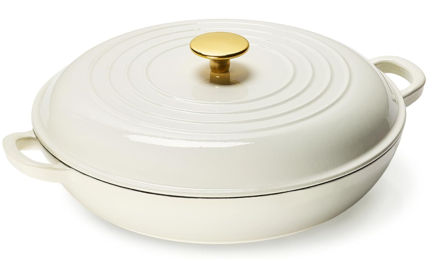 CAROTE 3.4QT Enameled Cast Iron Braiser Pan, Shallow Dutch Oven Casserole Skillets, Non-Toxic Cast Iron Pot with Lid for Grilling, Searing, Baking, Dual Handles, All Stovetop Compatible, White