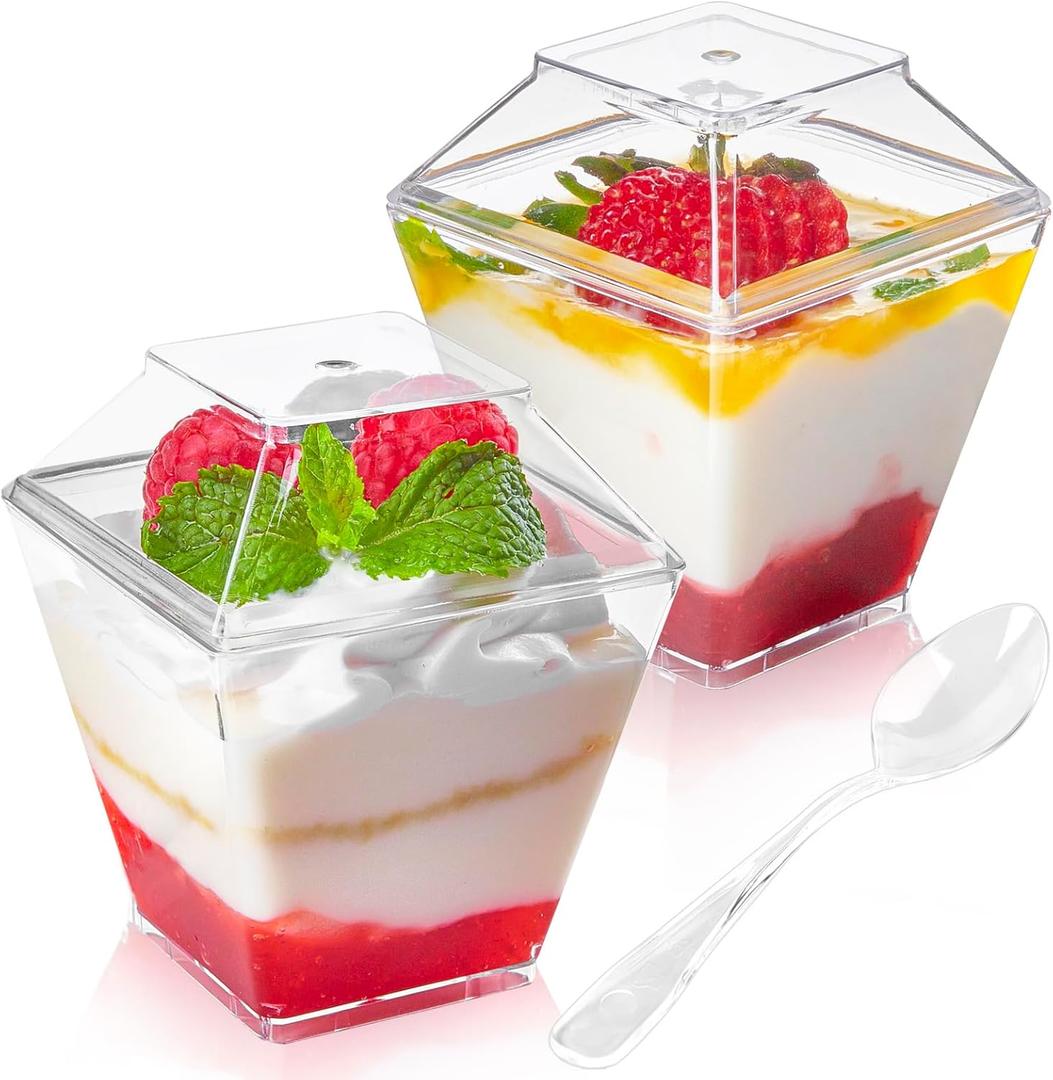 50 Pack 3.5 oz Mini Dessert Cups with Lids and Spoons - Parfait Cups with Lids Plastic Square Shooter Cups for Party Appetizers Pudding Mousse Triffle