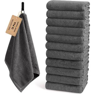 SEMAXE 12 Pack Hand Towels Set for Bathroom, Hotel, Gym and Spa, 16" x 27" 100% Combed Cotton Towels with Hanging Loops, Gift Box Packaging, Grey