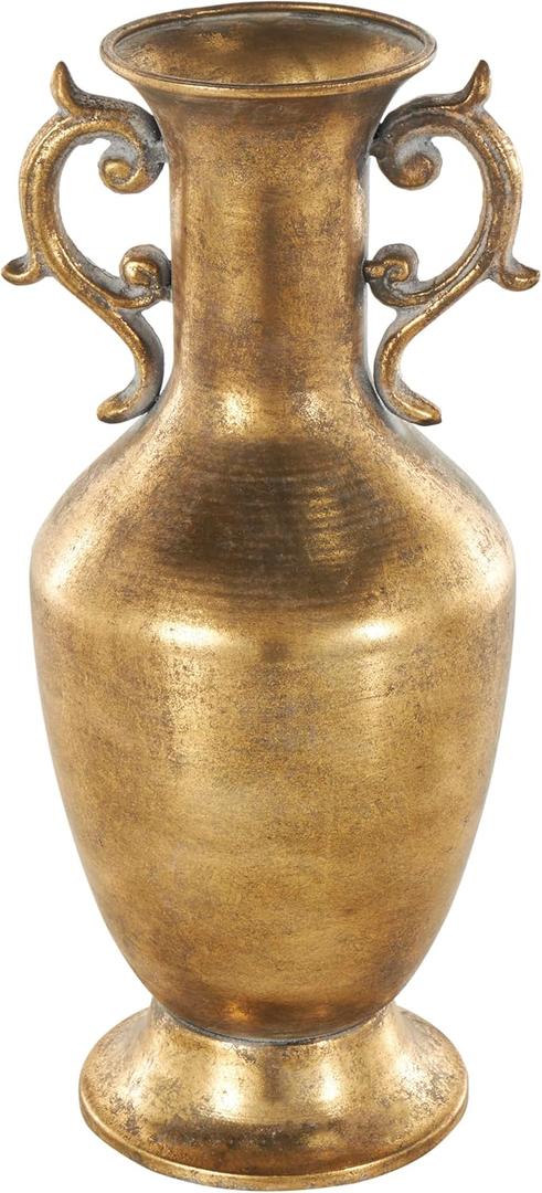 Deco 79 Metal Decorative Vase Weathered Vintage Amphora Centerpiece Vase with Scroll Handles, Flower Vase for Home Decoration 6" x 6" x 14", Gold