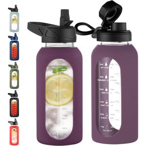 CIVAGO 32 oz Glass Water Bottle with Straw and Handle, Large Sports Motivational Water Bottle Flask with Time Marker and 2 Lids, Leakproof Water Jug Canteen with Silicone Sleeve for Gym,Mauve