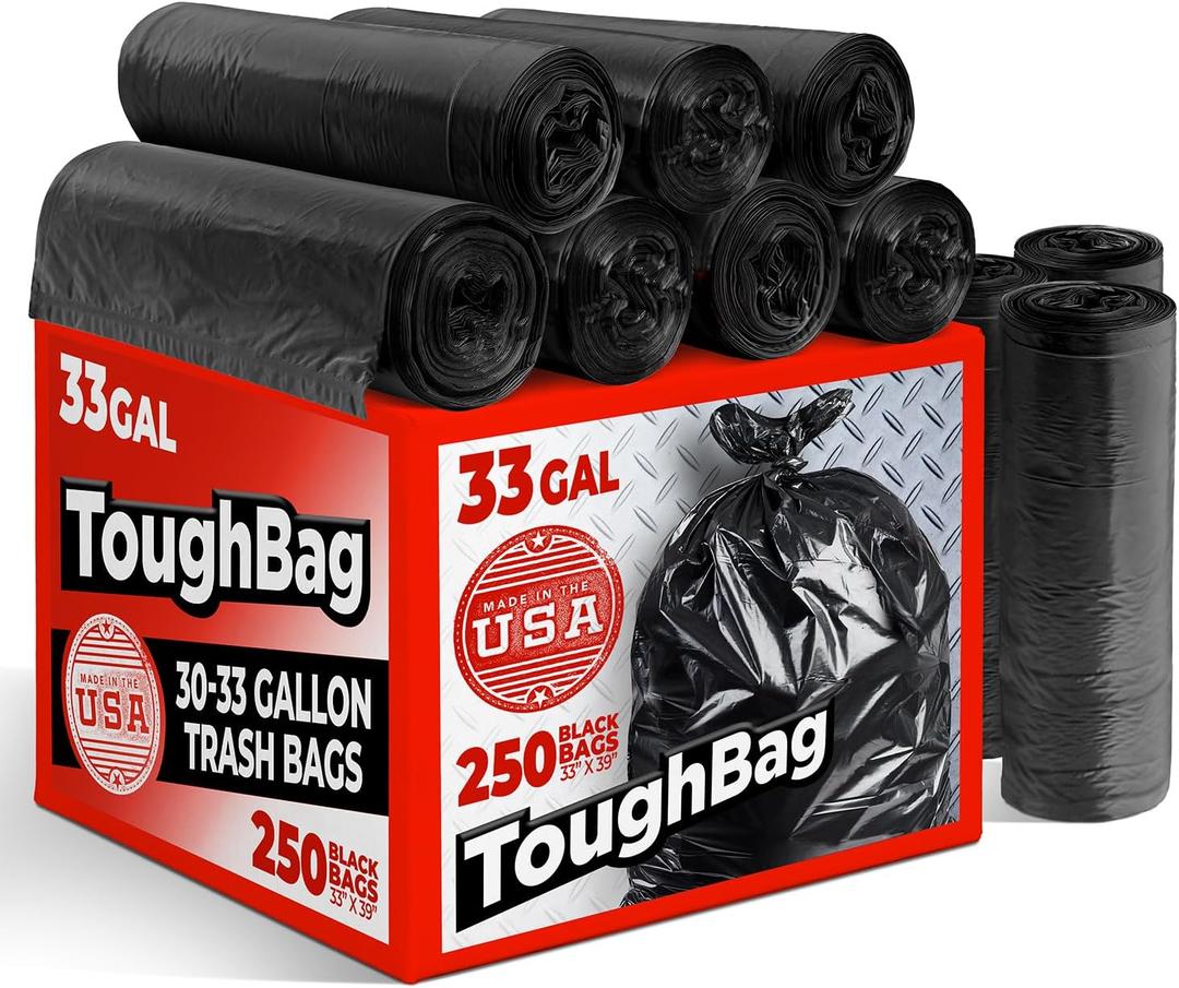 ToughBag 30-33 Gallon Trash Bags Heavy Duty, 32 x 38" Black Garbage Bags (250 COUNT) 30+, 32 Gallon Trash Bags - Made In USA