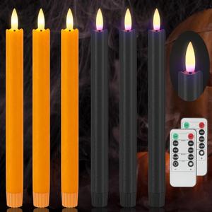 AFINETH Orange and Black Flameless Taper Candles with Remote, 9.6" Halloween Battery Operated Candles 3D Wick, Real Wax Led Candlesticks Flickering Electric Candle for Halloween, Home, Party, 6 Pack