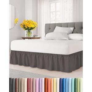 Wrap Around Dust Ruffle Bed Skirt - Dark Grey - for Queen Size Beds w/ 16 Inch Drop - Easy Fit Elastic Strap - Adjustable Pleated Bedskirt with Brushed Fabric, Wrinkle Free Women, Men, Kids and Teens
