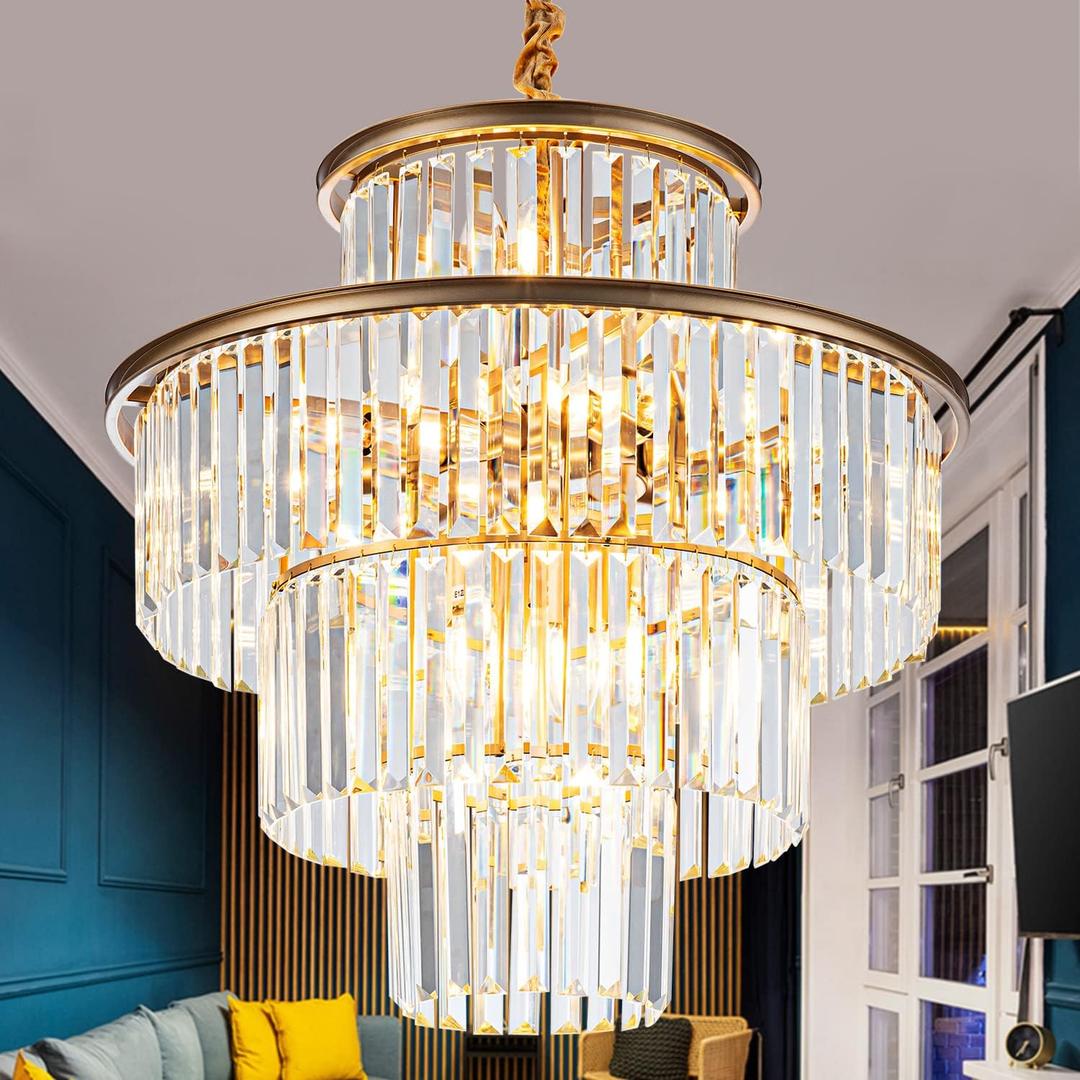 23" 14-Light Modern Crystal Chandelier Light Fixtures 4-Tier Gold Luxury Chandeliers for Dining Room Round Hanging Pendant Lighting for Living Room Kitchen Entryway Bedroom Foyer Hallway