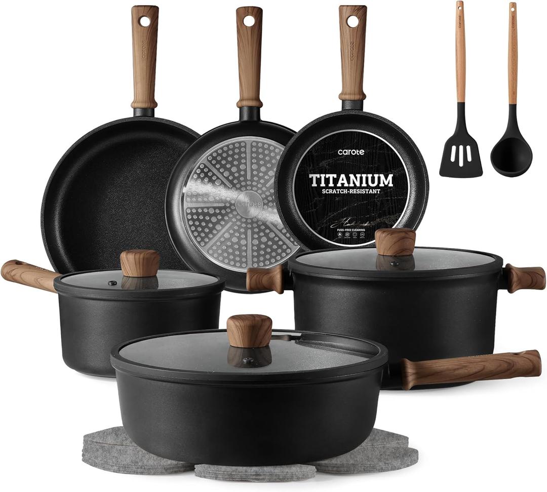 CAROTE Nonstick Pots and Pans, Induction Titanium Cookware Set 16pcs Kitchen Cooking Sets, Pot and Pan Non Stick w/Frying pan (PFOS, PFOA Free) (Black)