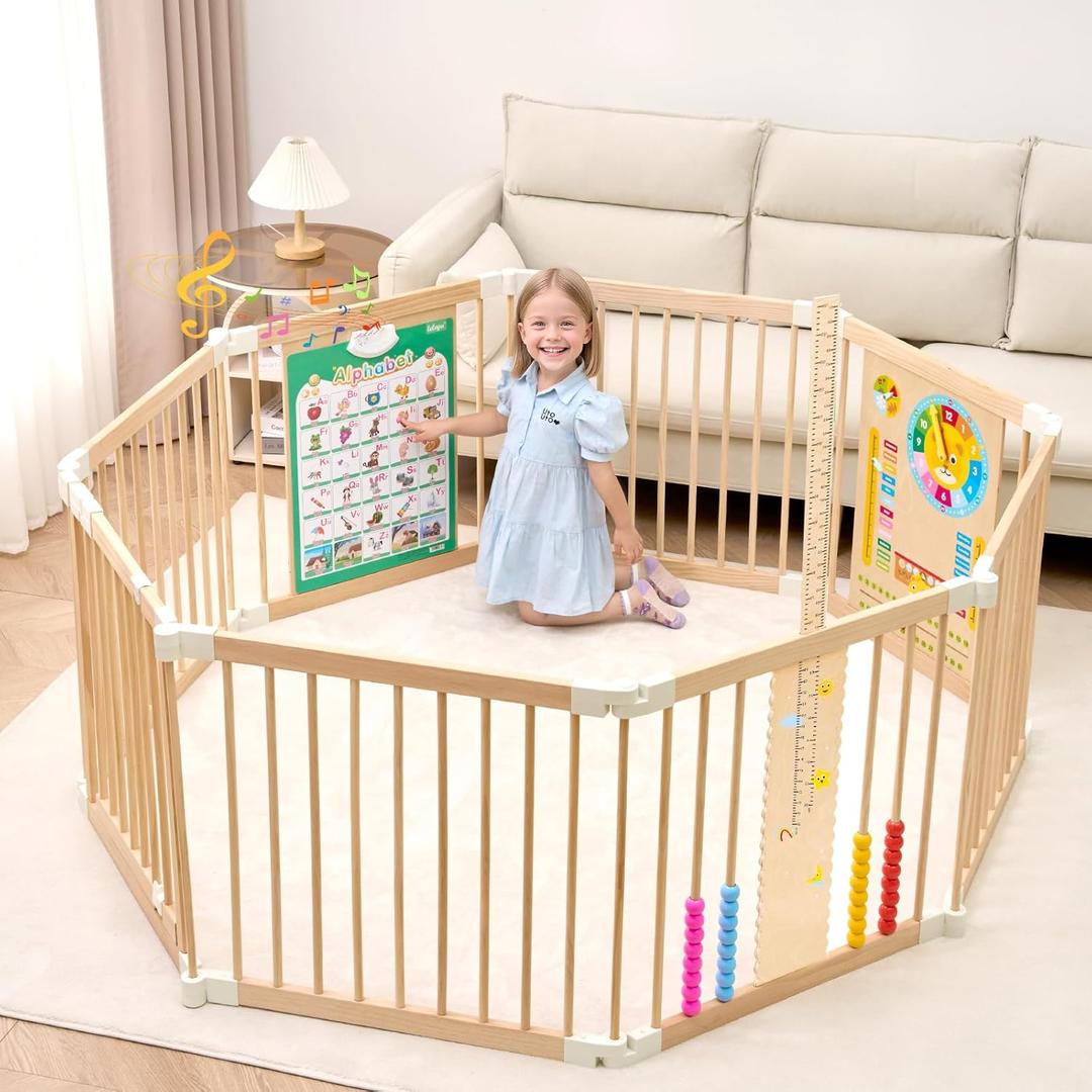 FurrFinesse Foldable Wooden Playpen, Large Baby Gate Playpen with Door for Toddler and Babies, Safe Play Area Kids Activity Center (26" Tall, 8-Panel)