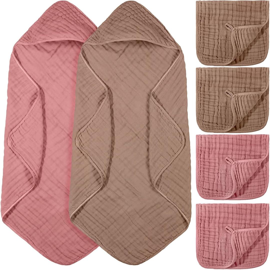 VitalCozy 6 Pcs Baby Muslin Hooded Bath Towels and Washcloths Muslin Cotton Hooded Baby Towels Absorbent Blankets for Gift Newborn Infant Shower (32 x 32 Inch,Light Bean Paste,Rose Pink)