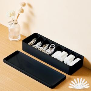 Tatuo 1 Pcs Cable Organizer Box with Wire Ties, Plastic Cord Storage Box with Lid, Electronics Organizer for Home Office Desk Organizers and Accessories (Black)