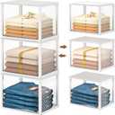 3 Pack Stackable Closet Organizers and Storage Basket, Closet Shelves with Wood Top Extra Storage, Multifunctional Clothes Organizer Bins/Cube Storage Drawer for Wardrobe Kitchen Laundry Room, White