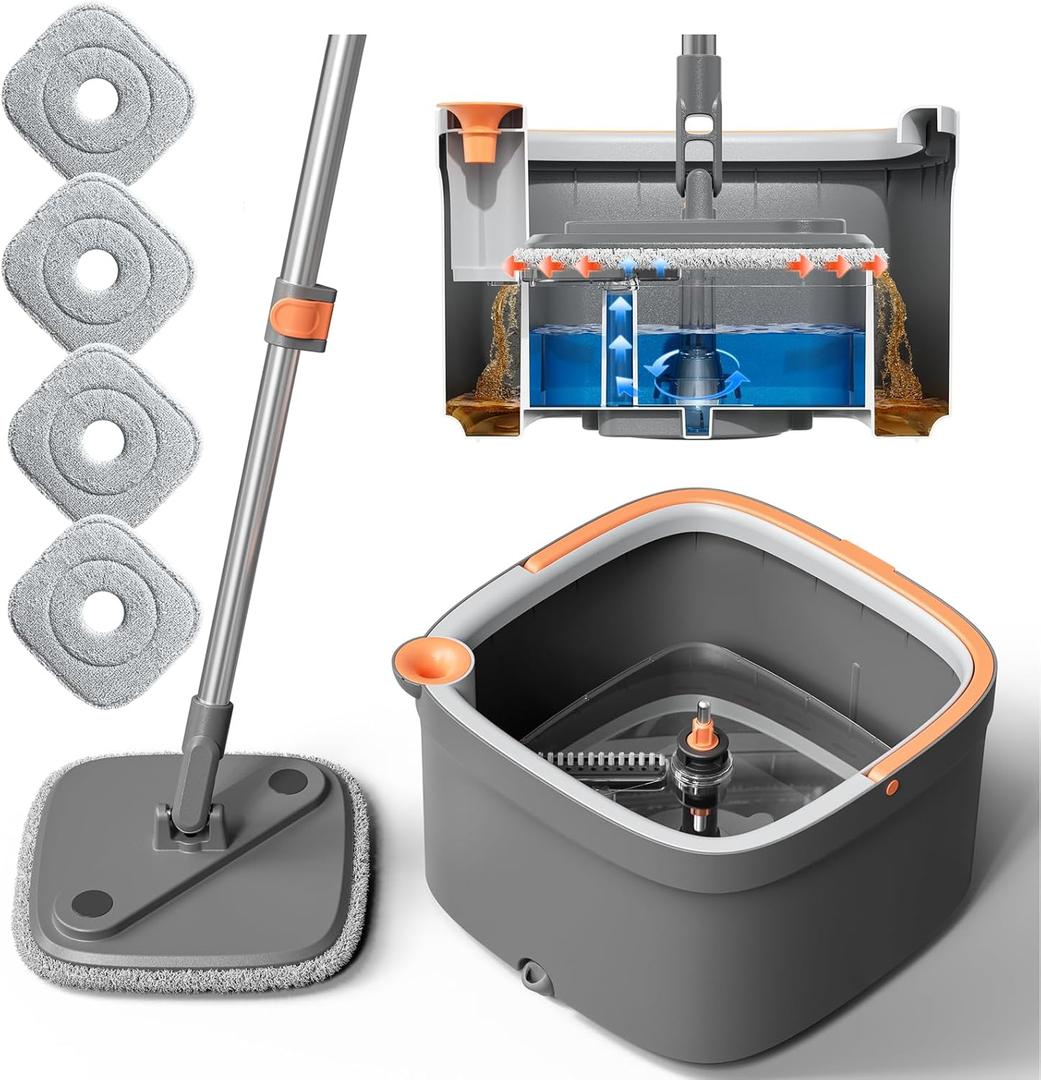 KZKR Spin Mop and Bucket Set with 4 Replaceable Microfiber Mop Pads with Self Separation Dirty and Clean Water System, Self Wringing 360 Rotating Square Mop Head for Hardwood Tile Marble Floors