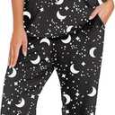 PrinStory Womens Pajamas Sets 2 Piece Lounge Set Short Sleeve Tops and Long Pants Soft Pjs Loungewear with Pockets, Night Print, Black, Size L