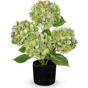 Hollyone Green Hydrangea Artificial Flowers in Pots 19.7" Four-Head Faux Silk Hydranges Flower Arrangements for Indoor Home Office Kitchen Table Centerpieces Wedding Decorations