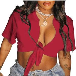 Bornpom Women Sexy Graphic Tees Low Cut V Neck Tops Short Sleeve Shirts Knot Front Tops (Red, M)