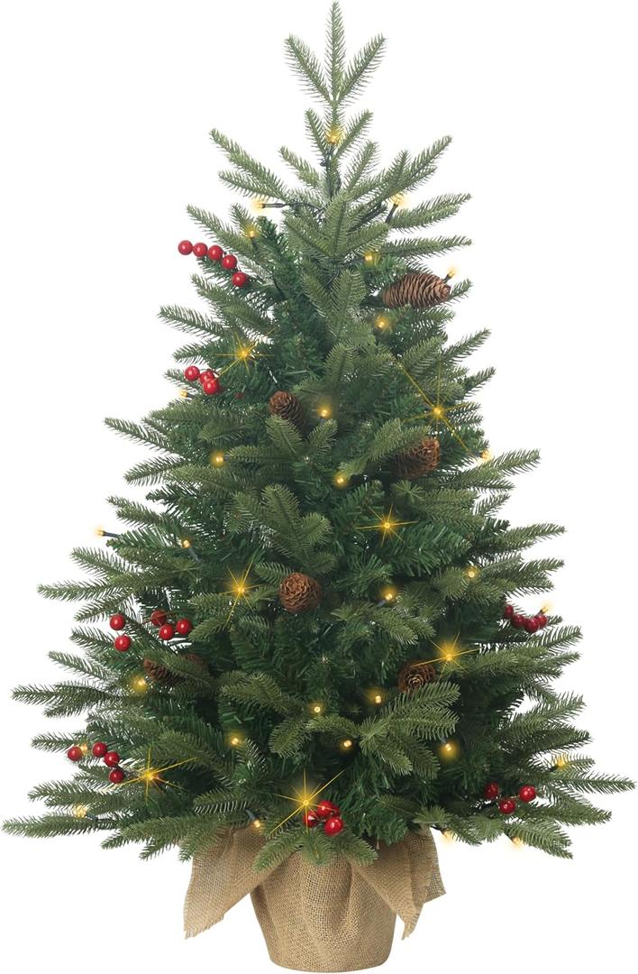 3ft Pre-Lit Mini Christmas Tree,Artificial Xmas Tree with 185 PE & PVC Mixed Branch Tips & 12 Red Berries & 10 Pinecone & 70 LED String Lights & Burlap Wrapped Base for Tabletop Desk,Battery Operated