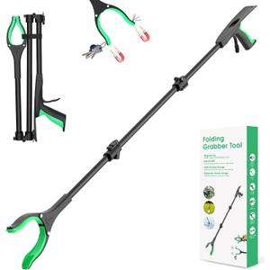 51" Heavy Duty Grabber Reacher Tool for Seniors/Disabled/After Surgery Recovery, Extra Long Foldable Reach Grabber with Shoehorn & 360Rotating Anti-Slip Claw & Magnetic Tip, Black&Green