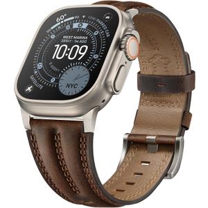 Leather Band for Apple Watch Ultra Band 49mm/46mm/45mm/44mm/42mm-Ultra 3 2 1, Series 11 10 9 8 7 6 5 4 3, SE 3 2 1, for iWatch Handcrafted Band Men Genuine Leather Rugged Vintage Strap (Sliver - Classic Retro Walnut)