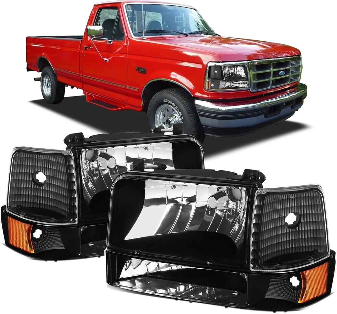 Headlights for 1992-1996 Ford F150 Bronco, LED Headlight Assembly for 92-97 F250 F350 Super Duty, Black Housing Amber Reflector