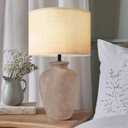 Ceramic Farmhouse Table Lamp for Living Room and Bedroom - Modern Earth Yellow Pottery Beside Lamps for Small Nightstand and Large Side Table - Rustic Round Stone Lighting Single with Beige Shade