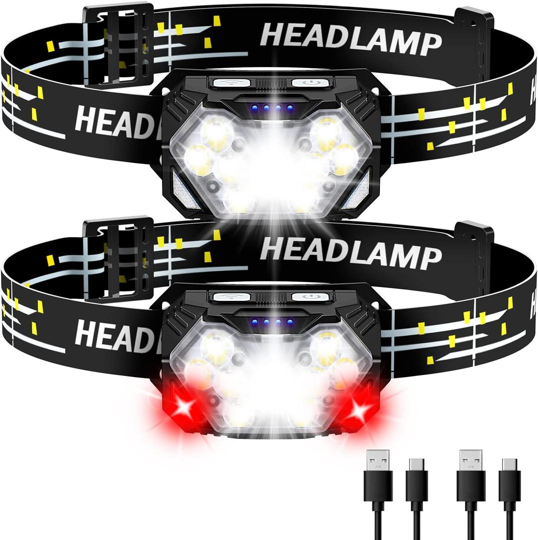 2000LM Ultra Bright 9 LED Headlamp, 2 Pack USB C Rechargeable Headlights, 10 Modes, Motion Sensor, Waterproof Head Lamp Flashlight with Red Light, Adjustable Headband for Adults Camping