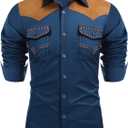 COOFANDY Men's Western Cowboy Shirt Embroidered Long Sleeve Slim Fit Casual Cotton Button Down Hippie Shirts with Pockets (Large, Blue)