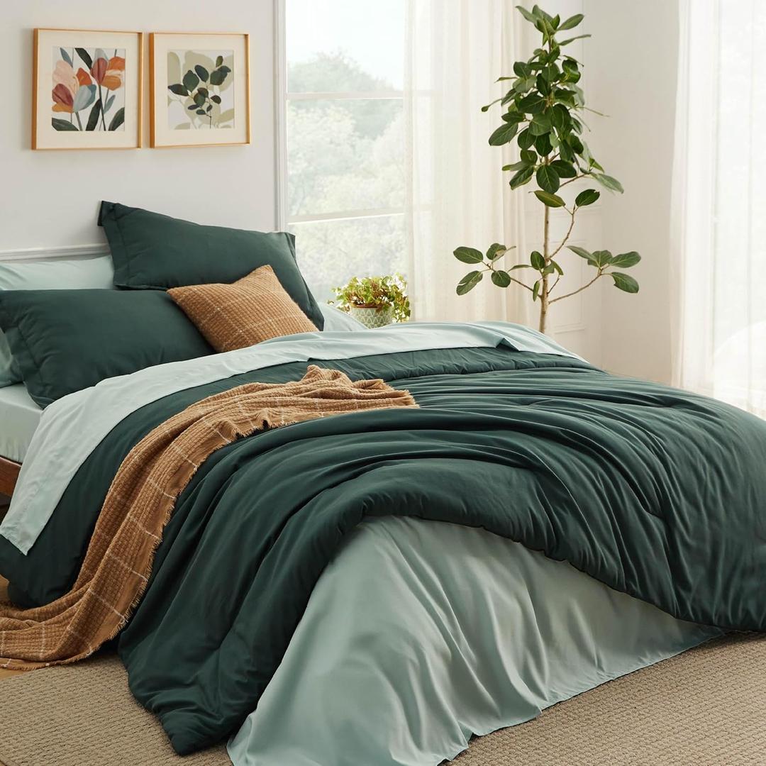 Bedsure King Size Comforter Set - 7 Pieces Forest Green King Bedding Set for All Seasons, Boho Contrasting Design Bed in a Bag with Comforter, Sheets, Pillowcases & Shams