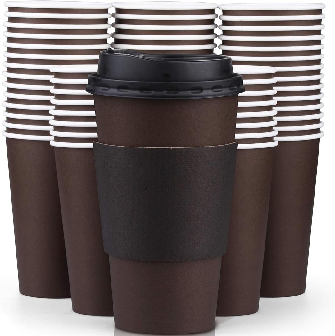Promora 16 oz Disposable Brown Coffee Cups with Lids & Sleeves, Premium Paper Cups (100 Pack) (Brown and Black)