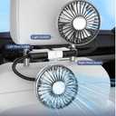 Dual Head Car Fan USB Powered, 3 Speed Adjustable 360 Rotatable Cooling Air Fan with 2 LED Lights for Dashboard SUV RV Truck Sedan Home Office, Portable Rear Seat Fans for Kids