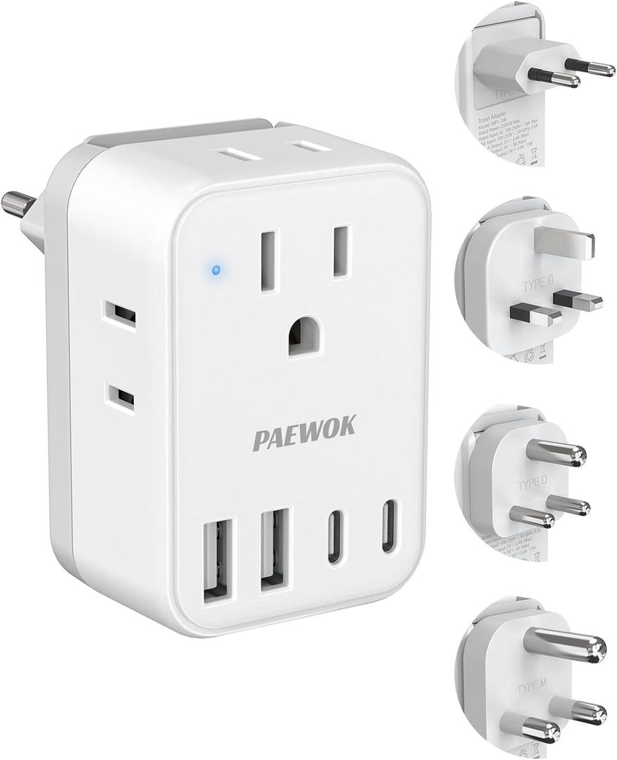 Travel Adapter Set, European Travel Plug Adapter 4 AC Outlets 4 USB Ports (2 USB C), US to UK/EU/South Africa/India, Universal Travel Adapter Kit Include Type G/C/M/D Detachable Plug