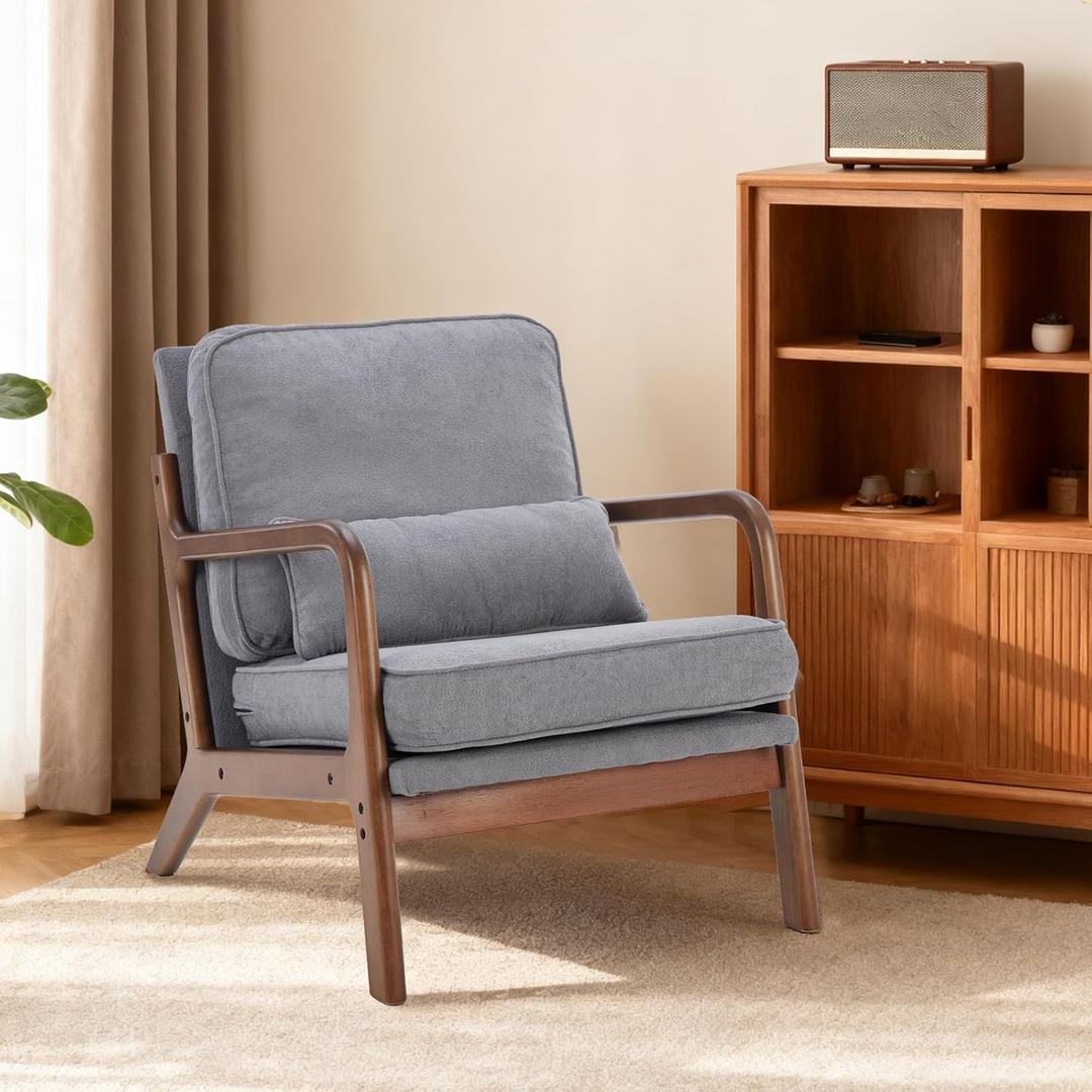 Sweetcrispy Mid Century Modern Chair, Accent Chair with Arms and Waist Cushion, Reading Chairs for Adults, Lounge Chair for Living Room and Bedroom, Wooden Frame, Grey