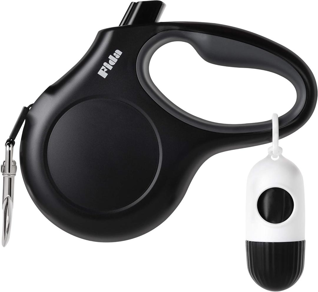 Fida Retractable Dog Leash with Dispenser and Poop Bags, 16 ft Pet Walking Leash for Medium Dog or Cat up to 44 lbs, Anti-Slip Handle, Tangle-Free, Reflective Nylon Tape (M, Black)